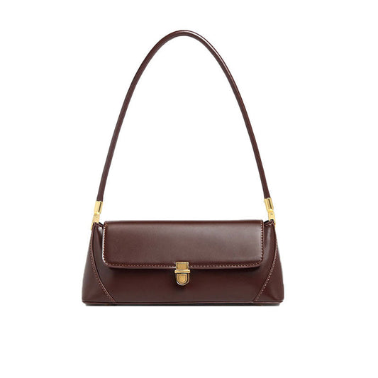 Gold Tone Buckle Flap Leather Baguette Bag - Chocolate