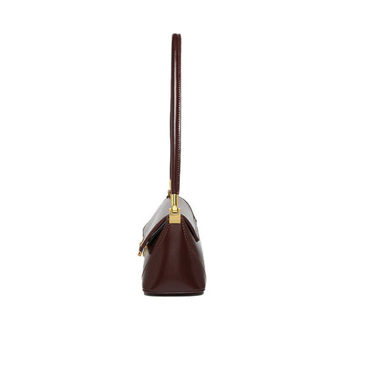 Gold Tone Buckle Flap Leather Baguette Bag - Chocolate