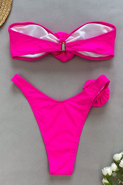 Vintage High Leg Brazilian Cheeky 3D Flower Bandeau Bikini Two Piece Swimsuit