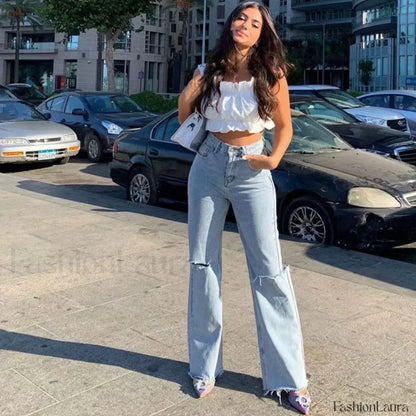 Vintage High Waist Cut Out Frayed Straight Leg Jeans - Light Blue