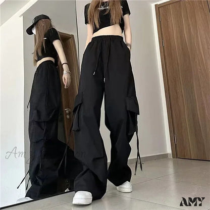 Vintage Large Pocket High Waist Wide Loose Fashion New Drawstring Trouser