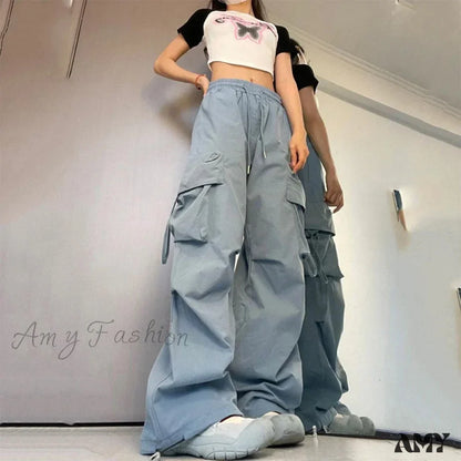 Vintage Large Pocket High Waist Wide Loose Fashion New Drawstring Trouser