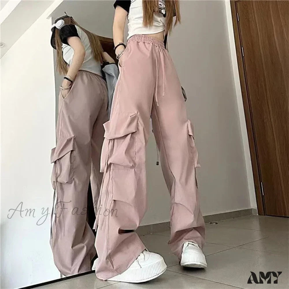 Vintage Large Pocket High Waist Wide Loose Fashion New Drawstring Trouser