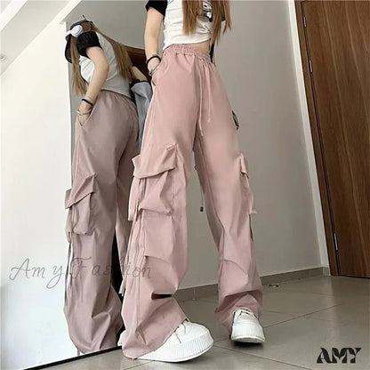 Vintage Large Pocket High Waist Wide Loose Fashion New Drawstring Trouser