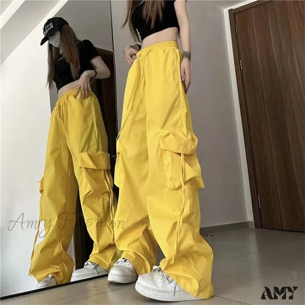 Vintage Large Pocket High Waist Wide Loose Fashion New Drawstring Trouser