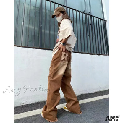 Vintage Letter Embroidery Fashion Y2K Streetwear Wide Leg Hip Hop Baggy Jeans