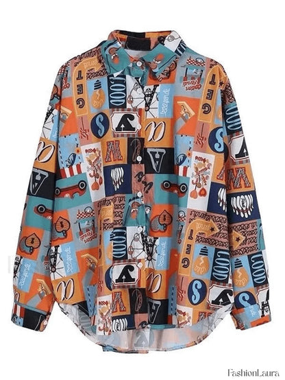 Vintage Mixed Print Long Sleeve Blouse