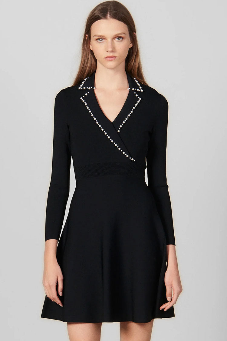 Pearl-Embellished Notched Lapel Surplice Wrap Knit Fit-and-Flare Mini Dress