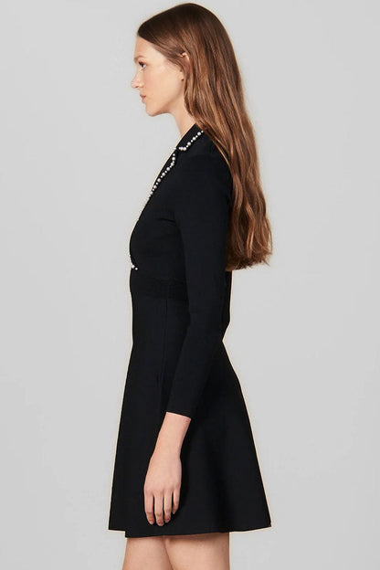 Pearl-Embellished Notched Lapel Surplice Wrap Knit Fit-and-Flare Mini Dress