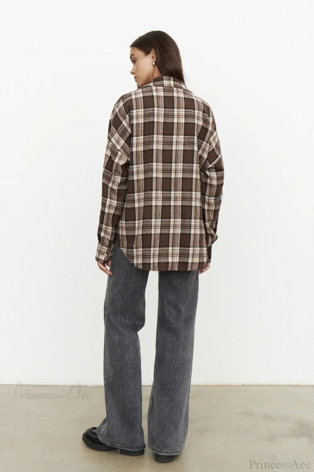 Vintage Plaid Pocket Long Sleeve Collared Blouse