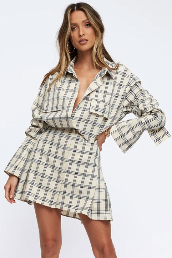 Windowpane Plaid Long Sleeve Flared Cuff Button Down Shirt Mini Skirt Two-Piece Set