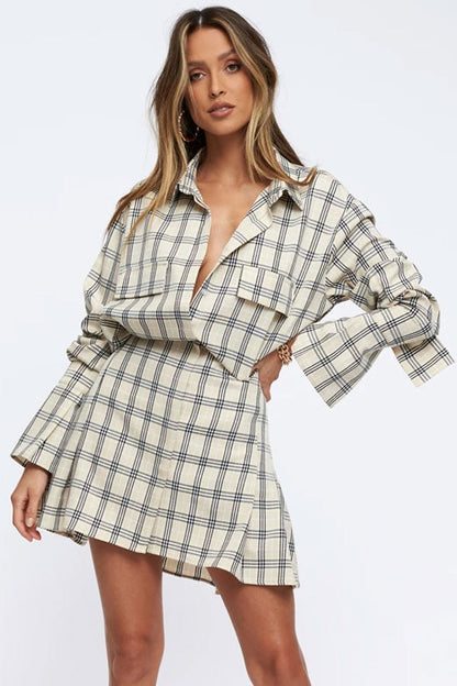 Windowpane Plaid Long Sleeve Flared Cuff Button Down Shirt Mini Skirt Two-Piece Set