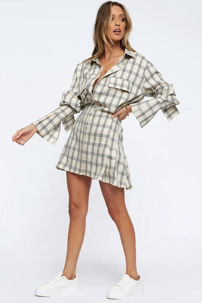 Windowpane Plaid Long Sleeve Flared Cuff Button Down Shirt Mini Skirt Two-Piece Set