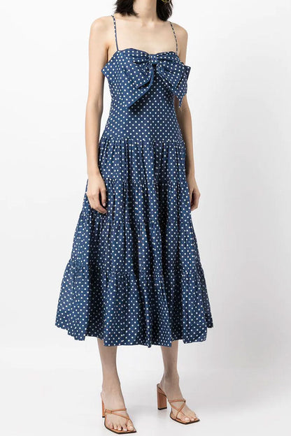 Polka Dot Spaghetti Strap Oversized Bow Tiered Fit and Flare Midi Dress
