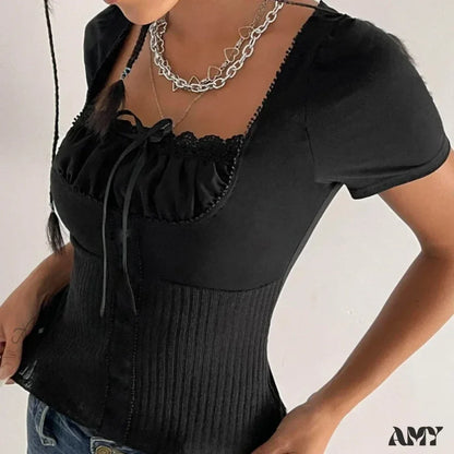 Vintage Preppy Cute Lace Trim Bow Short Sleeve Fairy Cottage Crop Top