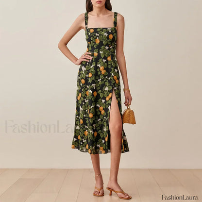 Vintage Print Chiffon Beach Dress Sleeveless Side Slit Floral Dress