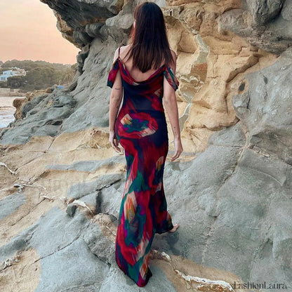 Vintage Print Cowl Neck Cold Shoulder Vacation Maxi Dress - Red