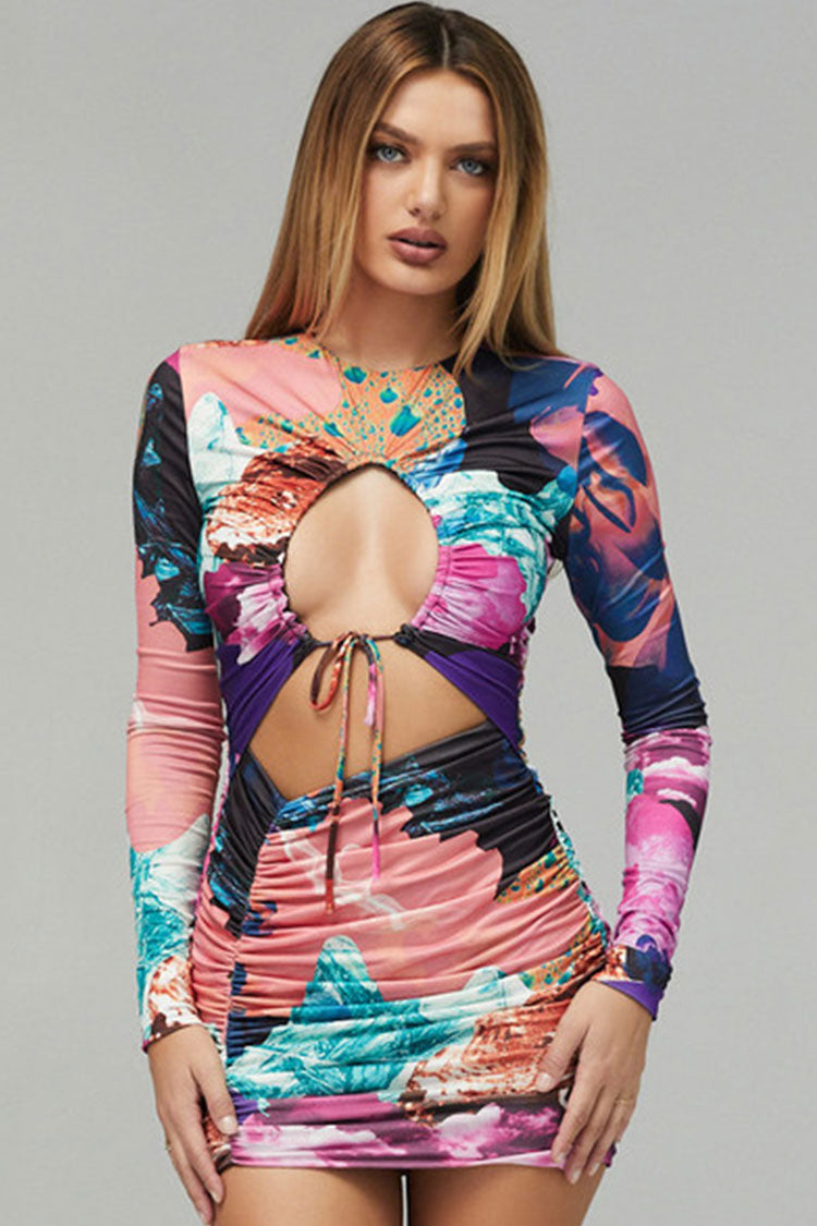 Abstract Print Long Sleeve Tie Keyhole Waist Cut Out Ruched Bodycon Mini Dress