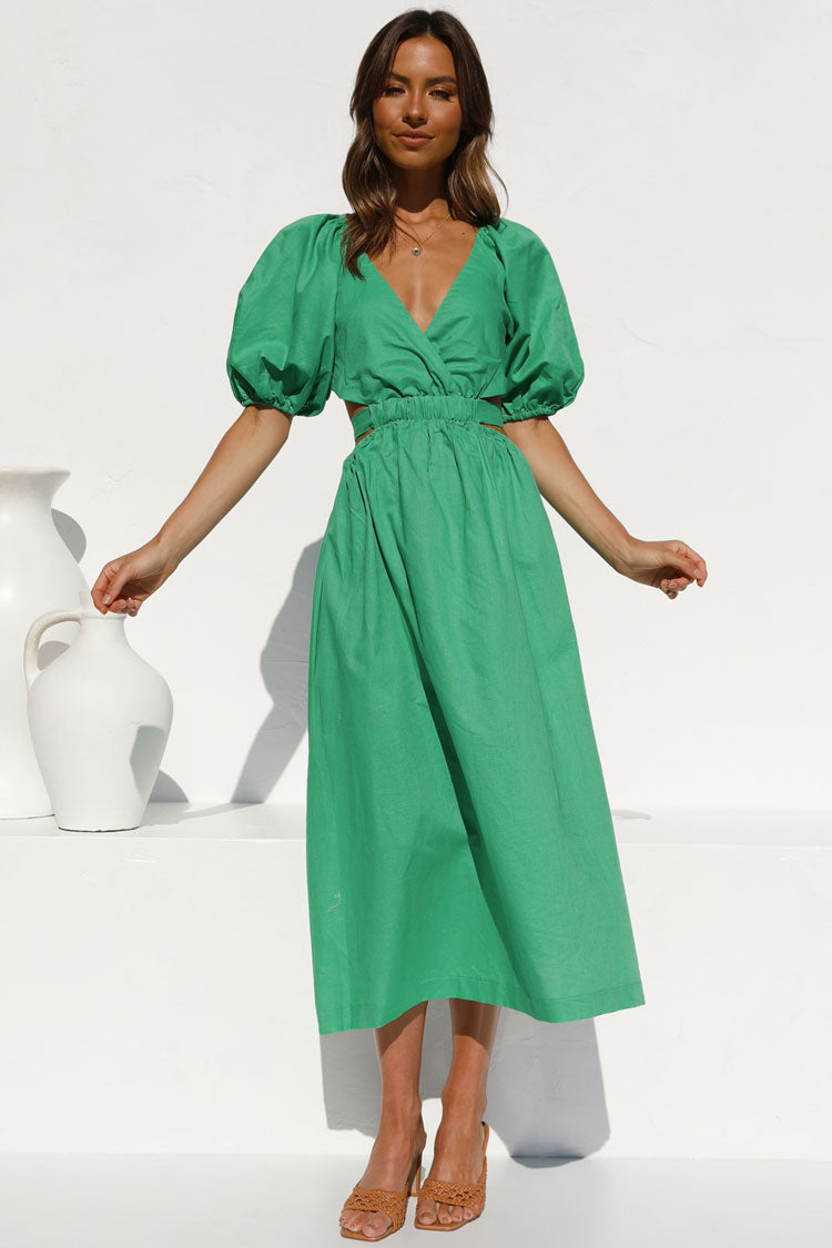 Puff Sleeve Wrap V-Neck Waist Cutout Gathered Midi Dress