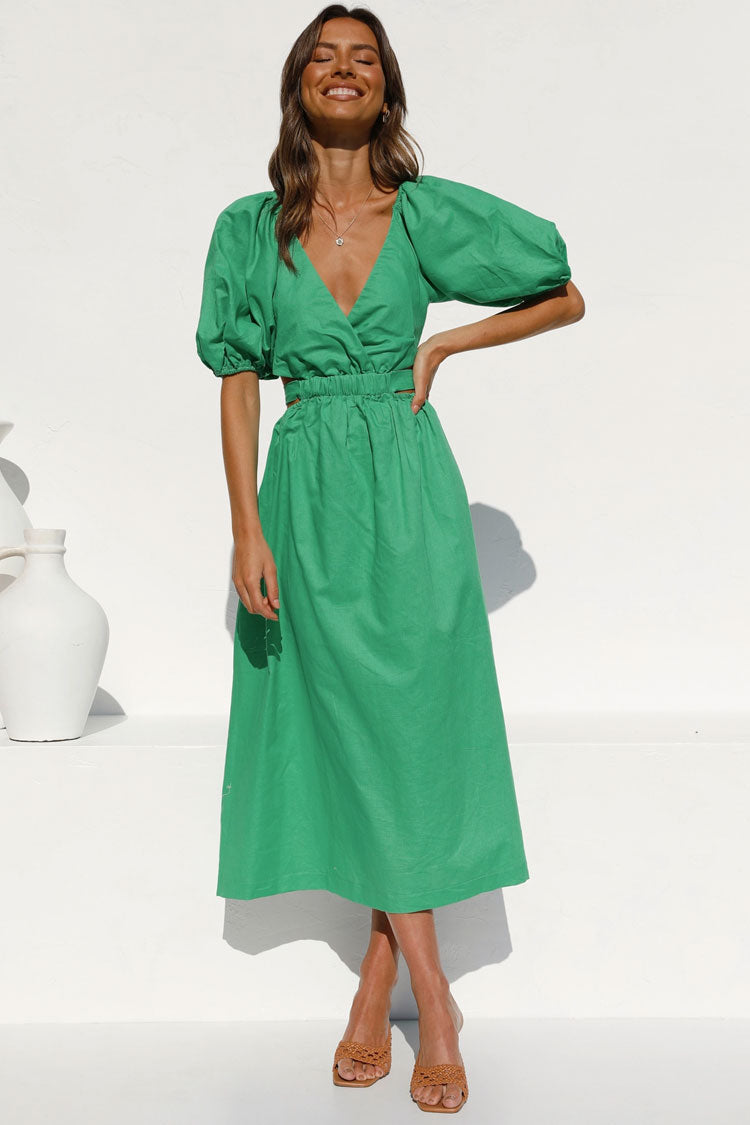 Puff Sleeve Wrap V-Neck Waist Cutout Gathered Midi Dress
