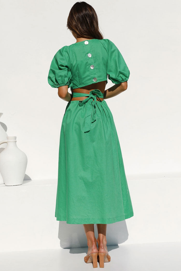 Puff Sleeve Wrap V-Neck Waist Cutout Gathered Midi Dress