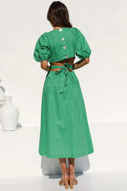 Puff Sleeve Wrap V-Neck Waist Cutout Gathered Midi Dress