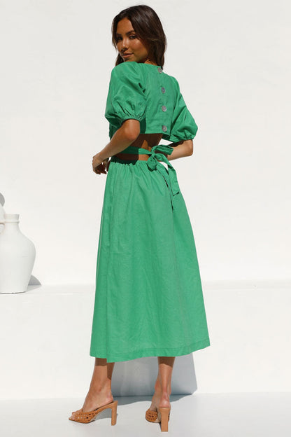 Puff Sleeve Wrap V-Neck Waist Cutout Gathered Midi Dress