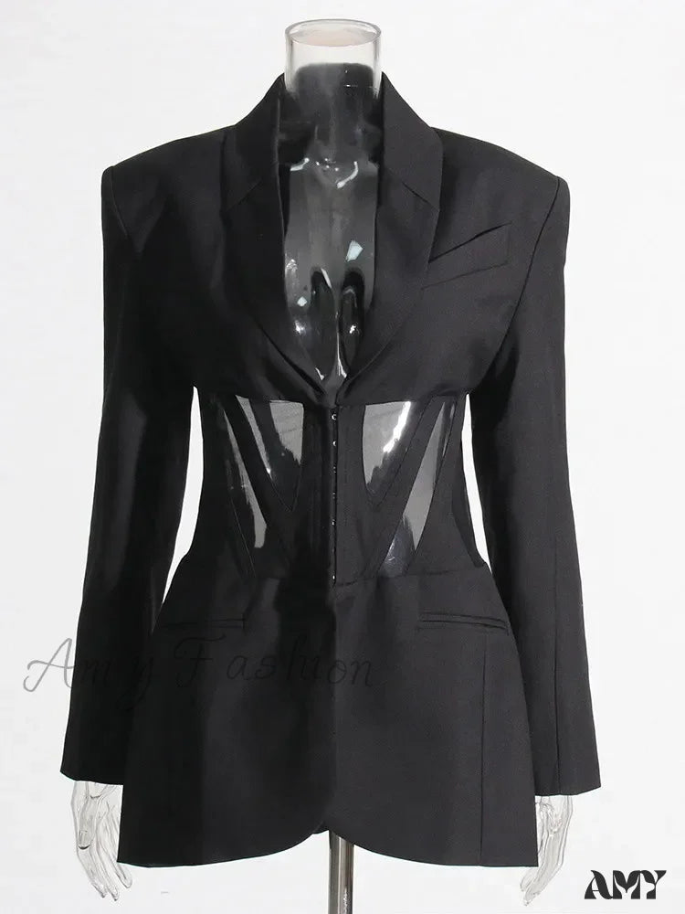 Vintage Sexy Notched Collar Slim Long Sleeve Patchwork Sheer Mesh Tunic Fashion Clothing New Blazer