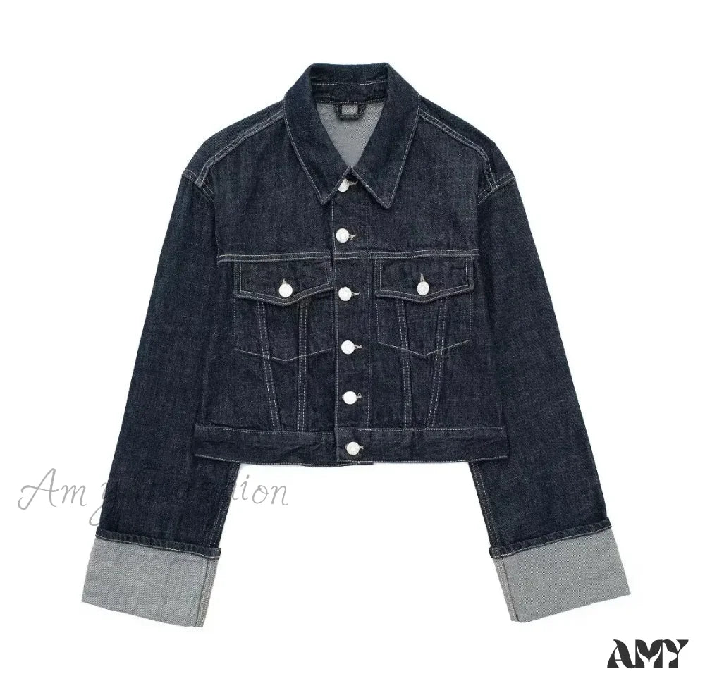 Vintage Single Breasted Lapel Long Sleeve With Pockets Dark Blue High Street Jacket