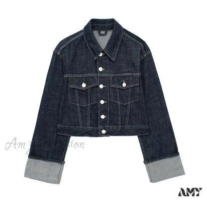Vintage Single Breasted Lapel Long Sleeve With Pockets Dark Blue High Street Jacket