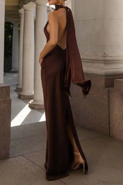 | Solid Satin Backless Maxi Dress