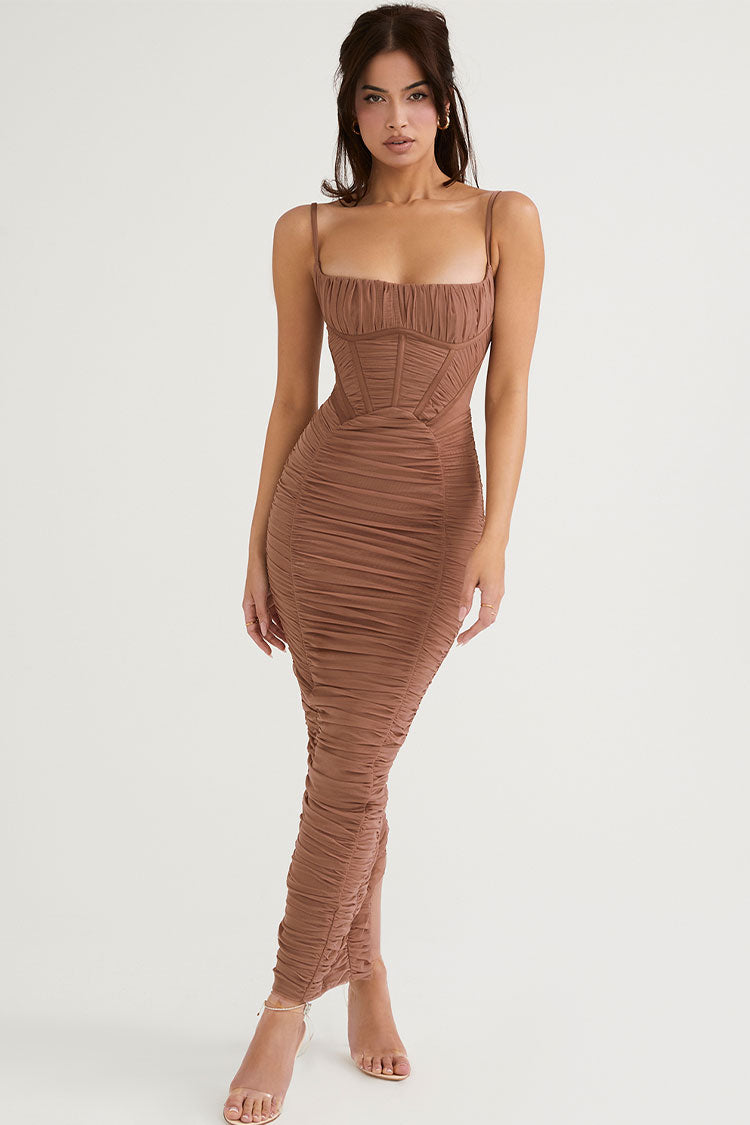Square Neck Spaghetti Strap Corset Panel Ruched Bodycon Maxi Dress