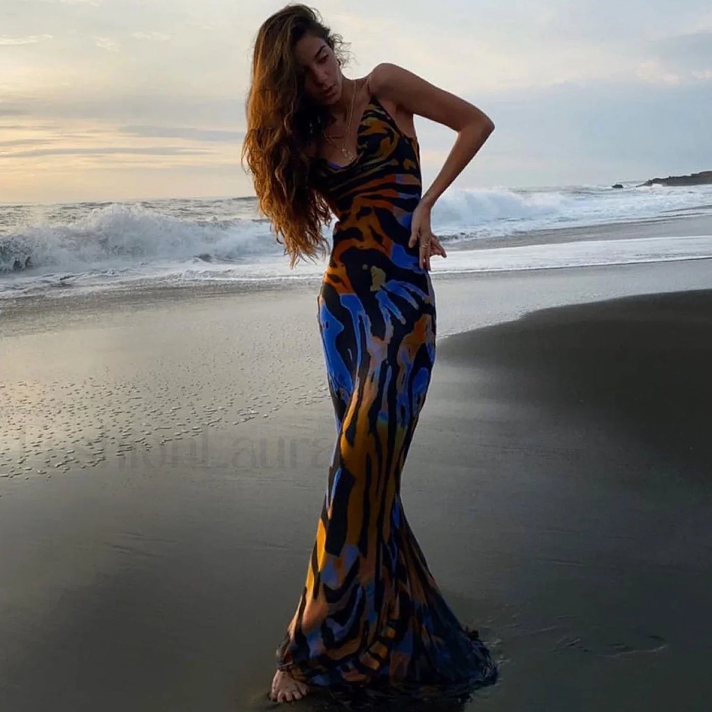 Vintage Style Striped Printed Cowl Neck Slip Maxi Dress - Black