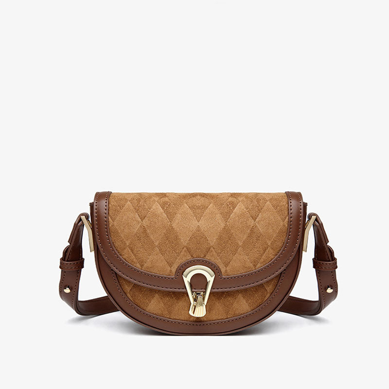 Brown Faux Leather Crossbody Saddle Bag with Vintage Suede Argyle Pattern