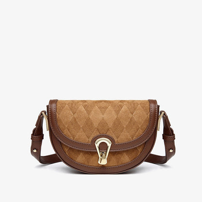 Brown Faux Leather Crossbody Saddle Bag with Vintage Suede Argyle Pattern