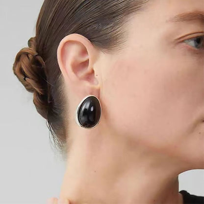 Two Tone Onyx and Sterling Silver Pebble Stud Earrings