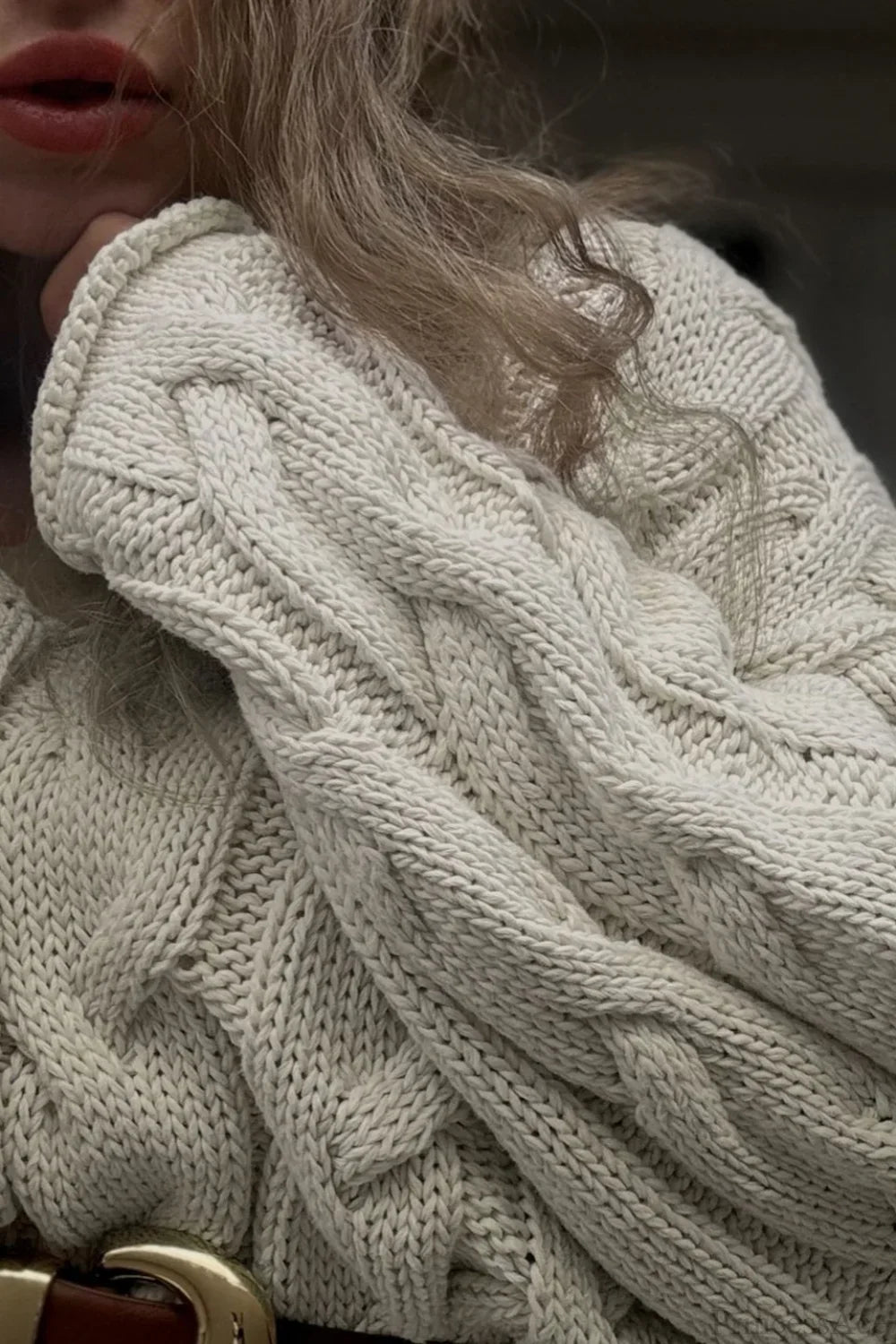 Vintage V-neck Loose Mid-length Cable Knit Long Sleeve Sweater