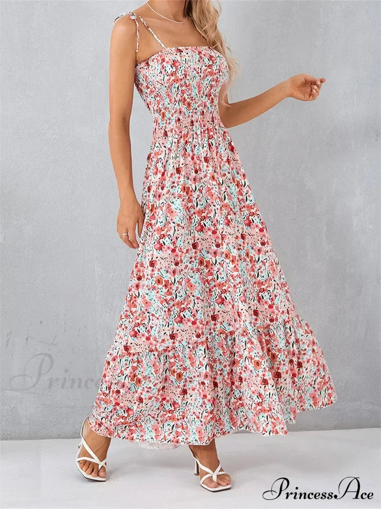 Vintage Women Sleeveless Tie-up Spaghetti Strap Floral Print Summer Party Beach Female Vestidos
