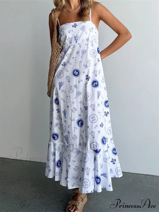 Vintage Women Summer Sleeveless Spaghetti Strap Floral Print Party Loose Casual Square Neck Vestidos