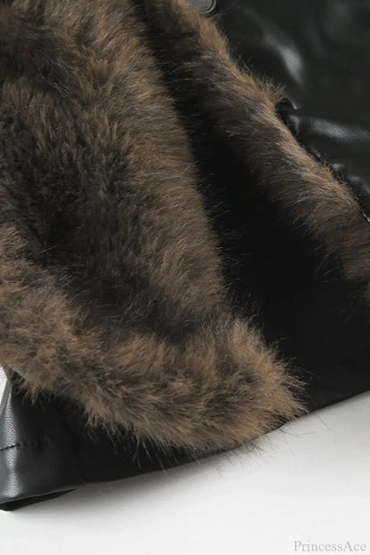 Vintage Y2K Furry Collar Leather Waist - Cinching Jacket