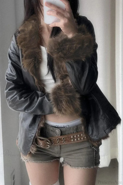 Vintage Y2K Furry Collar Leather Waist - Cinching Jacket