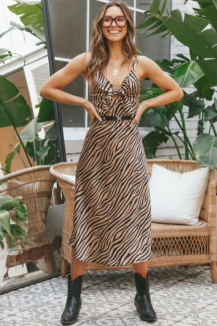 Zebra Print Deep V-Neck Tie Front Cut Out Satin Slip Midi Dress