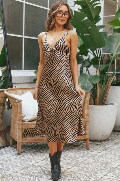 Zebra Print Deep V-Neck Tie Front Cut Out Satin Slip Midi Dress