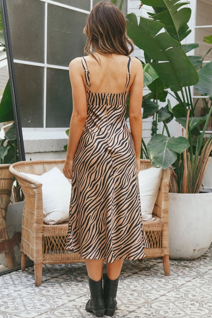 Zebra Print Deep V-Neck Tie Front Cut Out Satin Slip Midi Dress