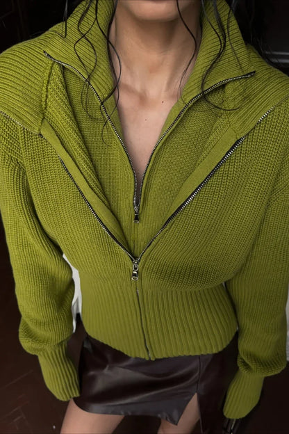 VintageTwo-in-one Solid Wide Lapel Zipper Sweater