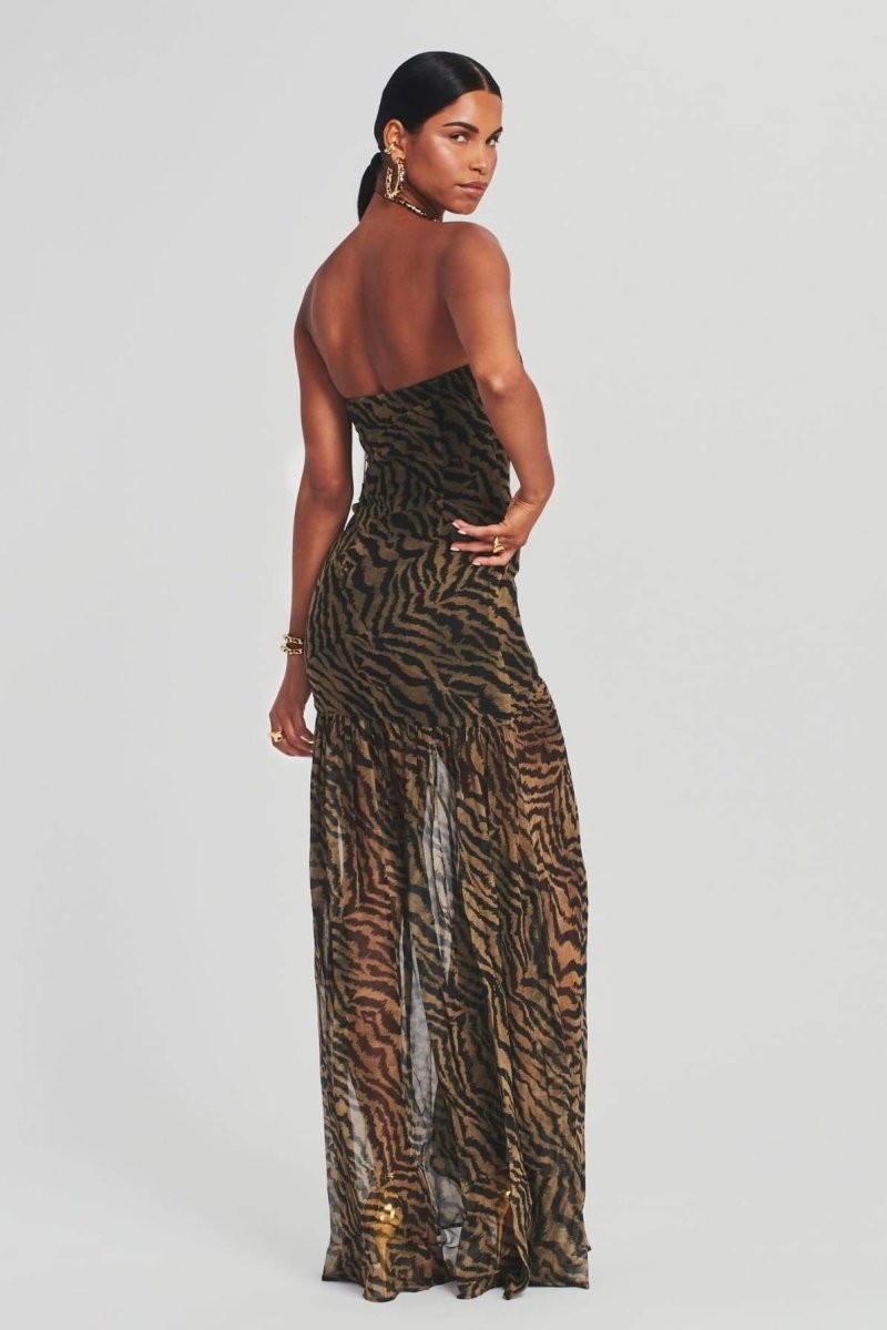 Strapless Zebra Print Sheer High Slit Maxi Dress
