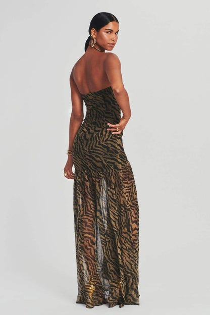 Strapless Zebra Print Sheer High Slit Maxi Dress