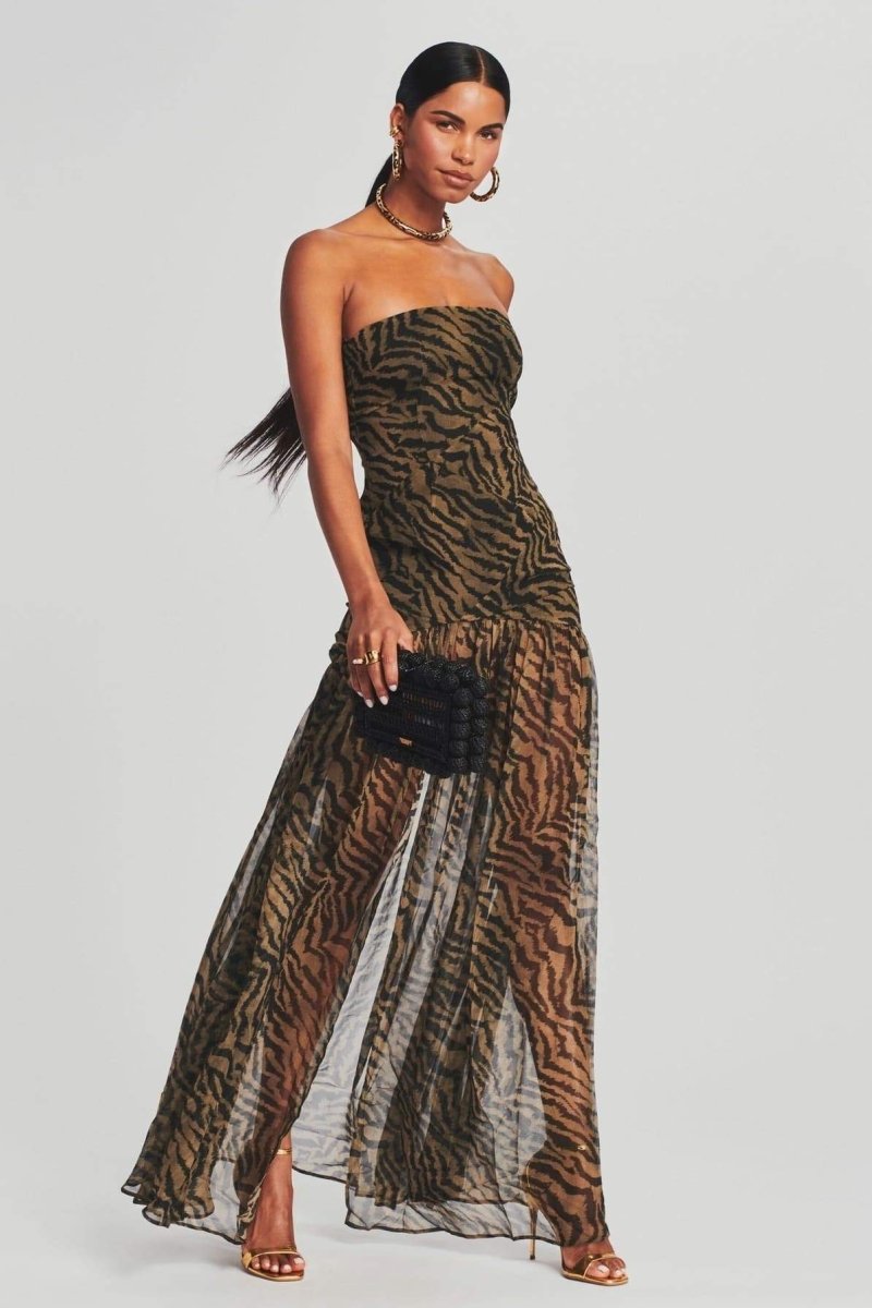 Strapless Zebra Print Sheer High Slit Maxi Dress