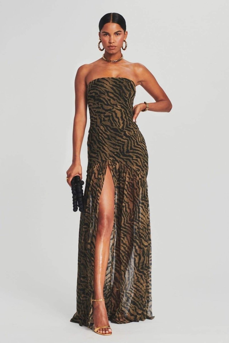 Strapless Zebra Print Sheer High Slit Maxi Dress