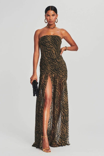 Strapless Zebra Print Sheer High Slit Maxi Dress